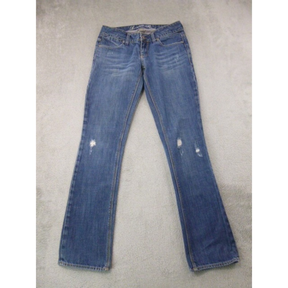 American Eagle Jeans Womens Size 2 Reg 77 Straight Y2K Medium Blue Wash Distress